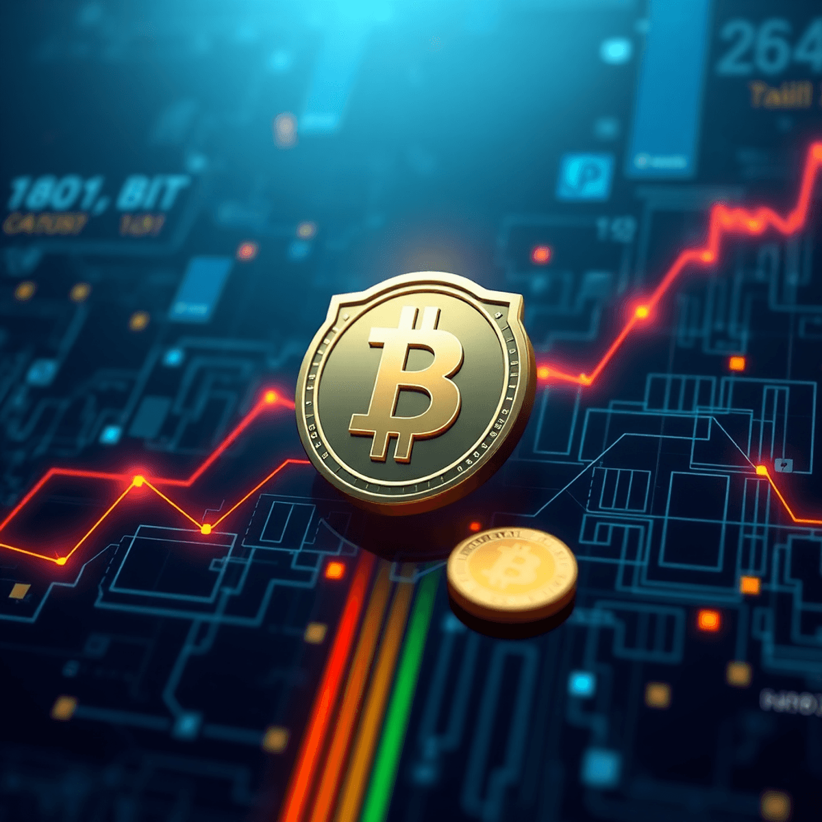 Gráfico de criptomonedas con un candado que simboliza seguridad, flechas que indican transacciones rápidas, todo en un fondo moderno y tecnológico.