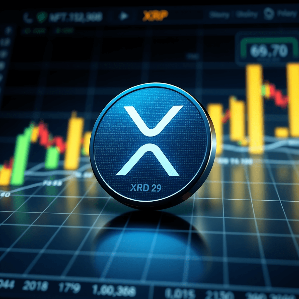 Representación digital de XRP con un símbolo de dólar superpuesto, sobre un fondo que muestra una interfaz simplificada de intercambio de criptomonedas.